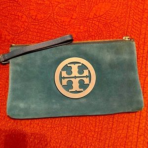 Tory Burch Teal Blue Logo Suede/Leather Wristlet